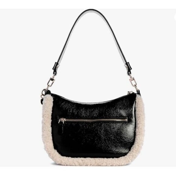 GUESS Davika crinkle faux-leather Sherpa trim hobo shoulder bag - Black - Picture 4 of 15